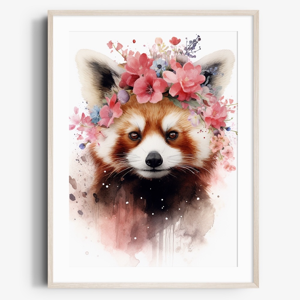 Cute Floral Red Panda Watercolor Wall Art Illustration Print Poster Unframed - Picture 1 of 7